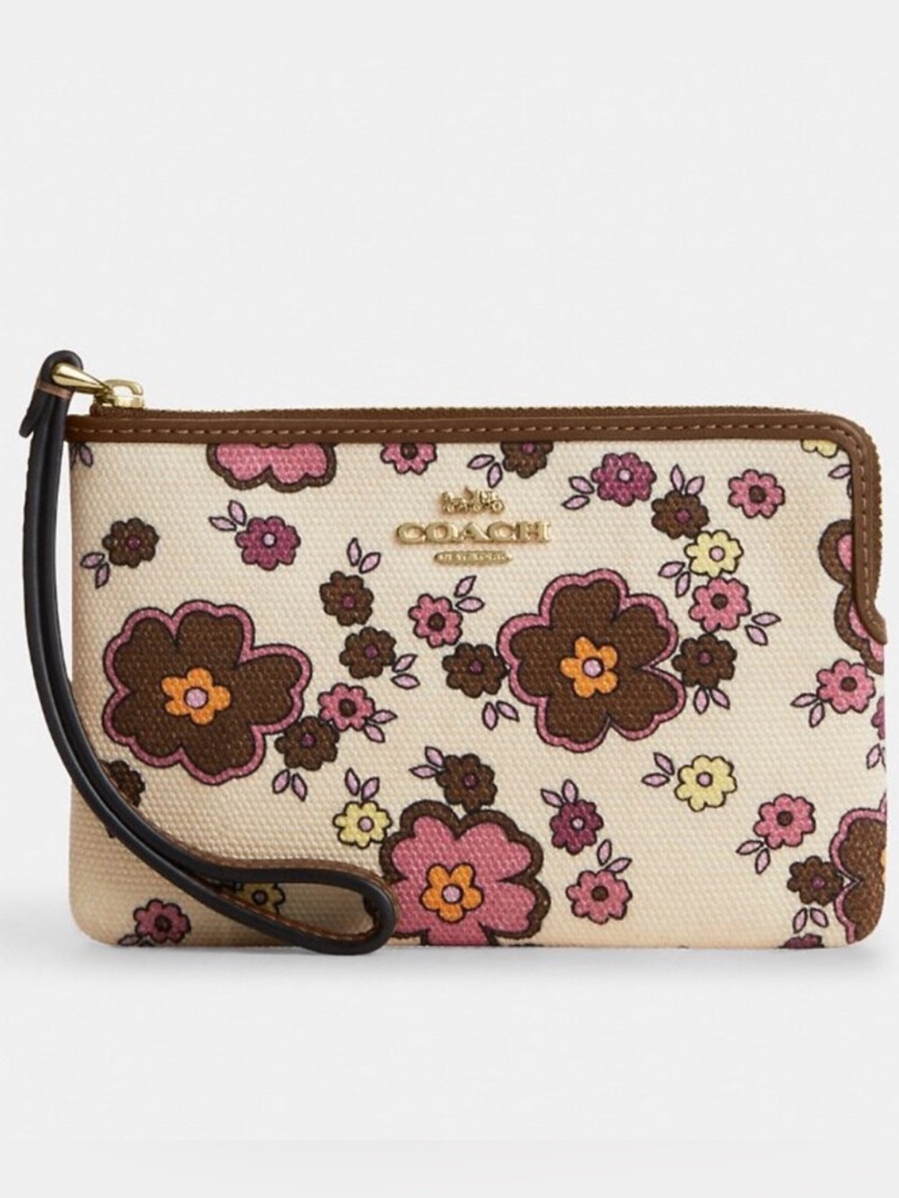 COACH Floral Wristlet in Cream, Pink and Brown